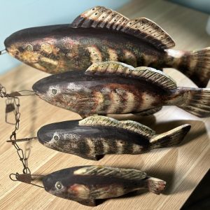 Vintage Folk Art Carved Wooden Fish Stringer - 4 Hanging Hand-Painted Wooden Fish Decor